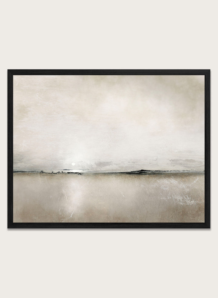 Shop Sunlight Bay by Dan Hobday, a soft coastal landscape art print featuring a pale horizon, warm neutral tones, subtle sunlight, and layered texture.