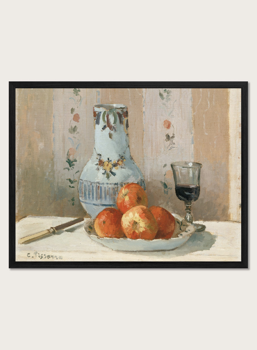 Shop Still Life with Apples and Pitcher by Camille Pissarro, a vintage still life wall art print poster featuring red apples and a ceramic pitcher in warm brown tones.