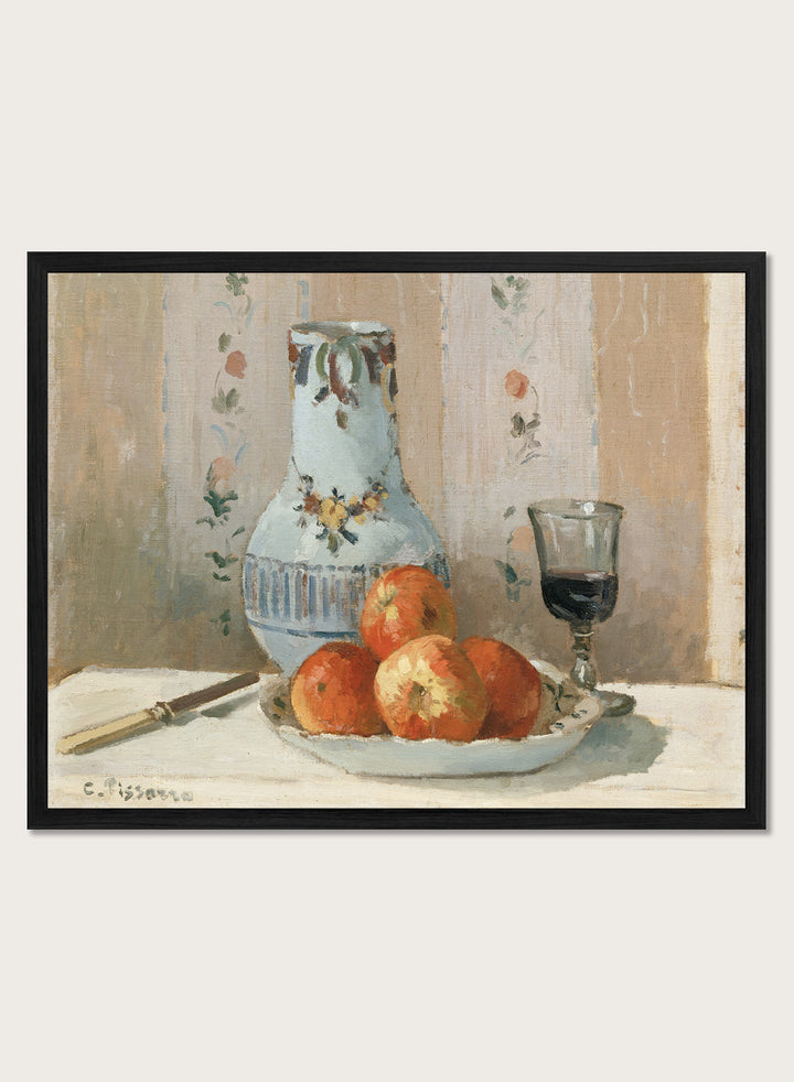 Shop Still Life with Apples and Pitcher by Camille Pissarro, a vintage still life wall art print poster featuring red apples and a ceramic pitcher in warm brown tones.