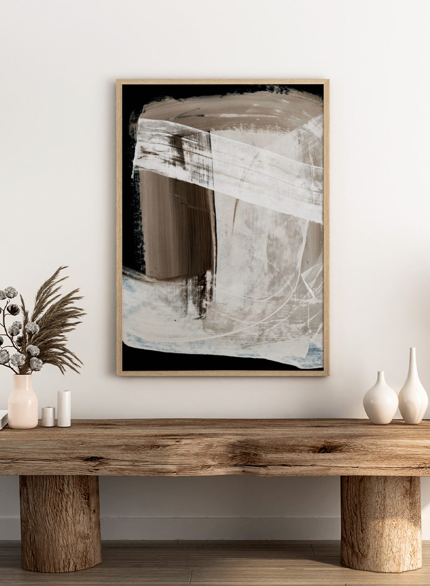 Shop Mind No.01 by Dan Hobday, an abstract wall art print poster featuring layered white brushwork, warm brown forms, and bold black contrast.