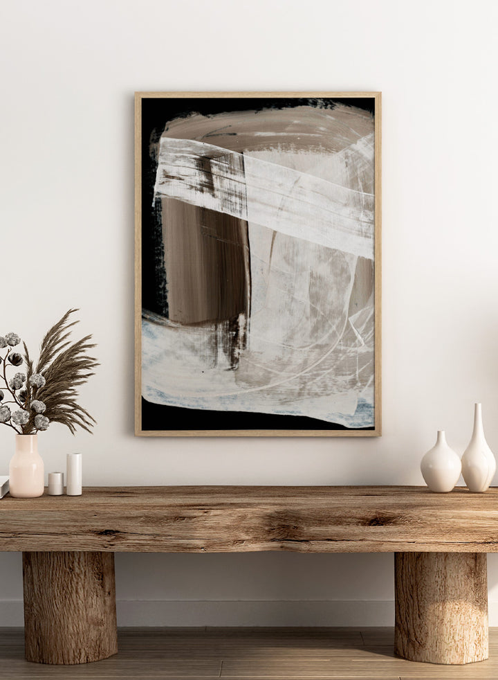 Shop Mind No.01 by Dan Hobday, an abstract wall art print poster featuring layered white brushwork, warm brown forms, and bold black contrast.