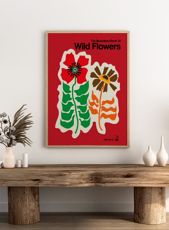 Art print of 'The Illustrated Book of Wild Flowers Volume 2' with two stylized flowers on a red background. The Illustrated Book Of Wild Flowers Vol. 2 Red by Frances Collett is a floral art print featuring two illustrated wild flowers on a bold red background. Officially licensed wall poster with optional framing.