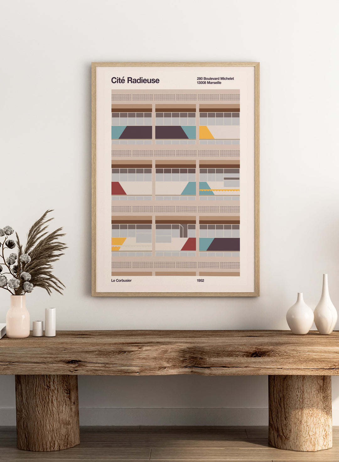 Illustration of a Bauhaus modernist building with geometric design, featuring text and Le Corbusier's name.Colorful Geometric Facade by Florent Bodart is a modern architectural art print with geometric building shapes and color blocks, a minimalist wall poster.