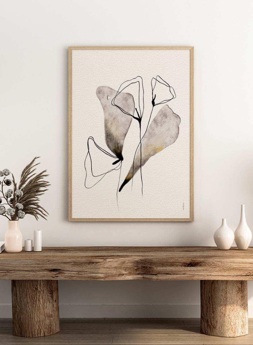 Shop Abstract Watercolor Flora by Ankie Kooi, a modern abstract floral wall art print poster with minimalist flower line art, botanical forms, soft lavender, and muted gold.