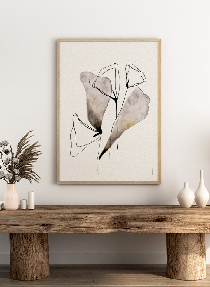 Shop Abstract Watercolor Flora by Ankie Kooi, a modern abstract floral wall art print poster with minimalist flower line art, botanical forms, soft lavender, and muted gold.