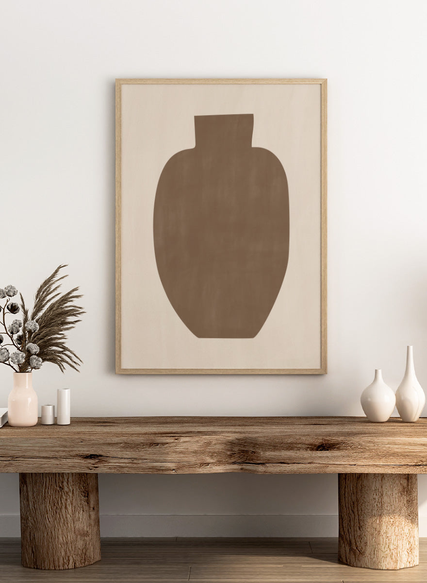 Shop Earthy Abstract Vase by Elena Ristova, a modern minimalist wall art print poster featuring an oversized brown vase silhouette on a soft cream background.