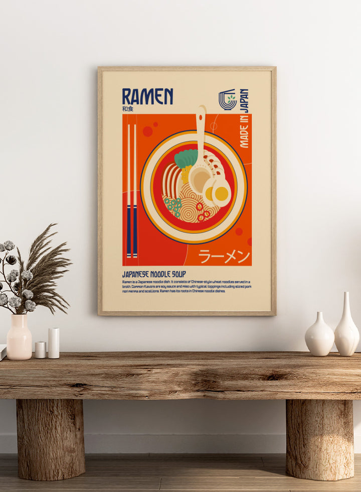A stylized travel poster of Japanese Ramen noodle soup, featuring a central illustration of a bowl filled with noodles, a soft-boiled egg, green onions, and a ladle, set against a warm orange and beige background with &