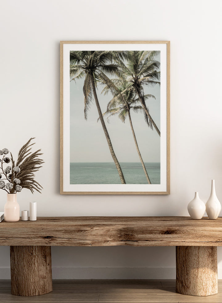 A framed art print featuring three leaning palm trees against a pale sky and ocean horizon. Ocean Breeze Palms by Shot by Clint coastal art print featuring tall palm trees, soft blue ocean views, and an airy tropical landscape.