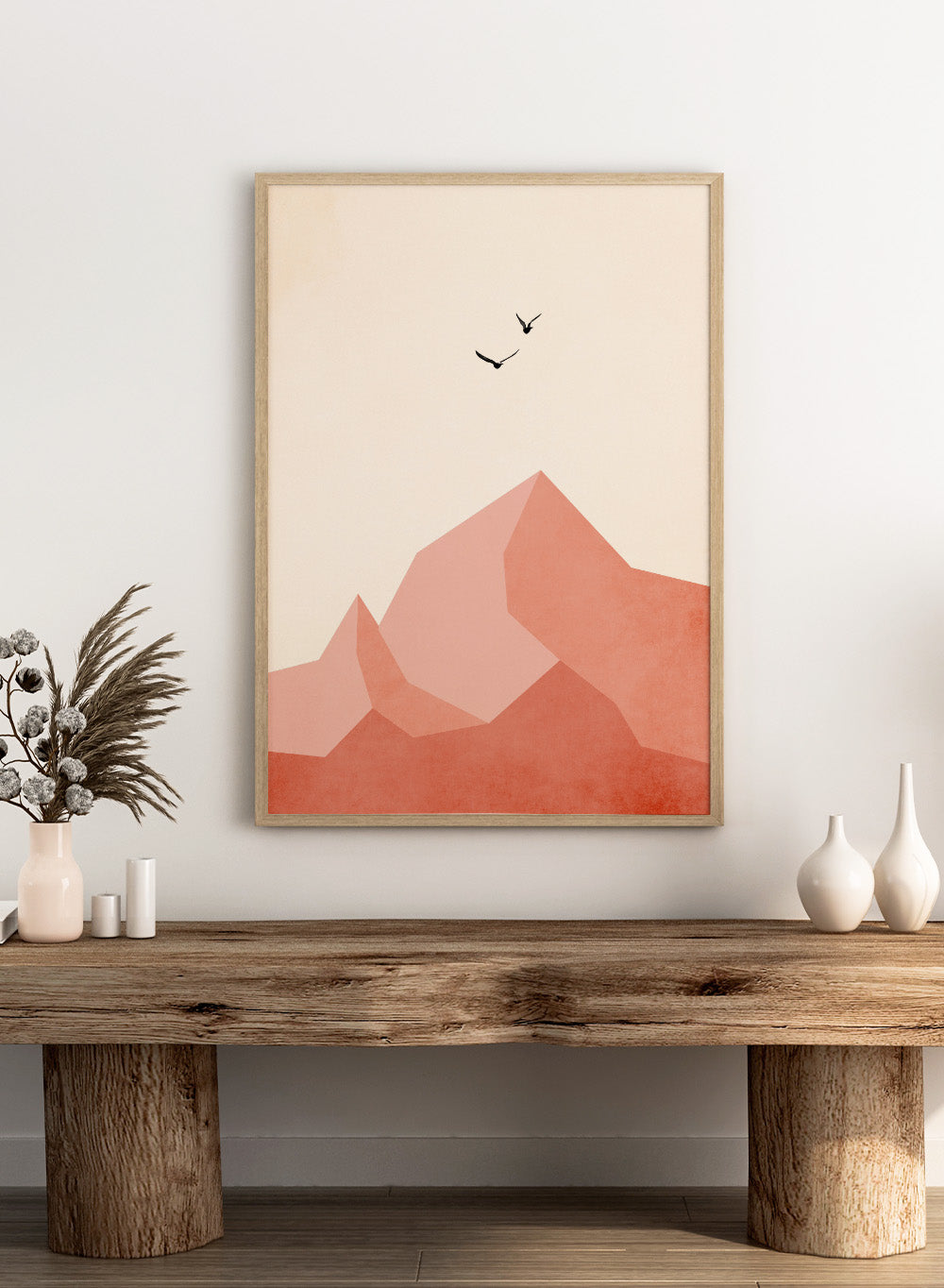Abstract art print with geometric shapes and minimalistic birds on a beige background. Geometric mountain landscape art print with birds in flight by Kubistika. Warm terracotta illustration with minimalist design. Officially licensed wall poster.