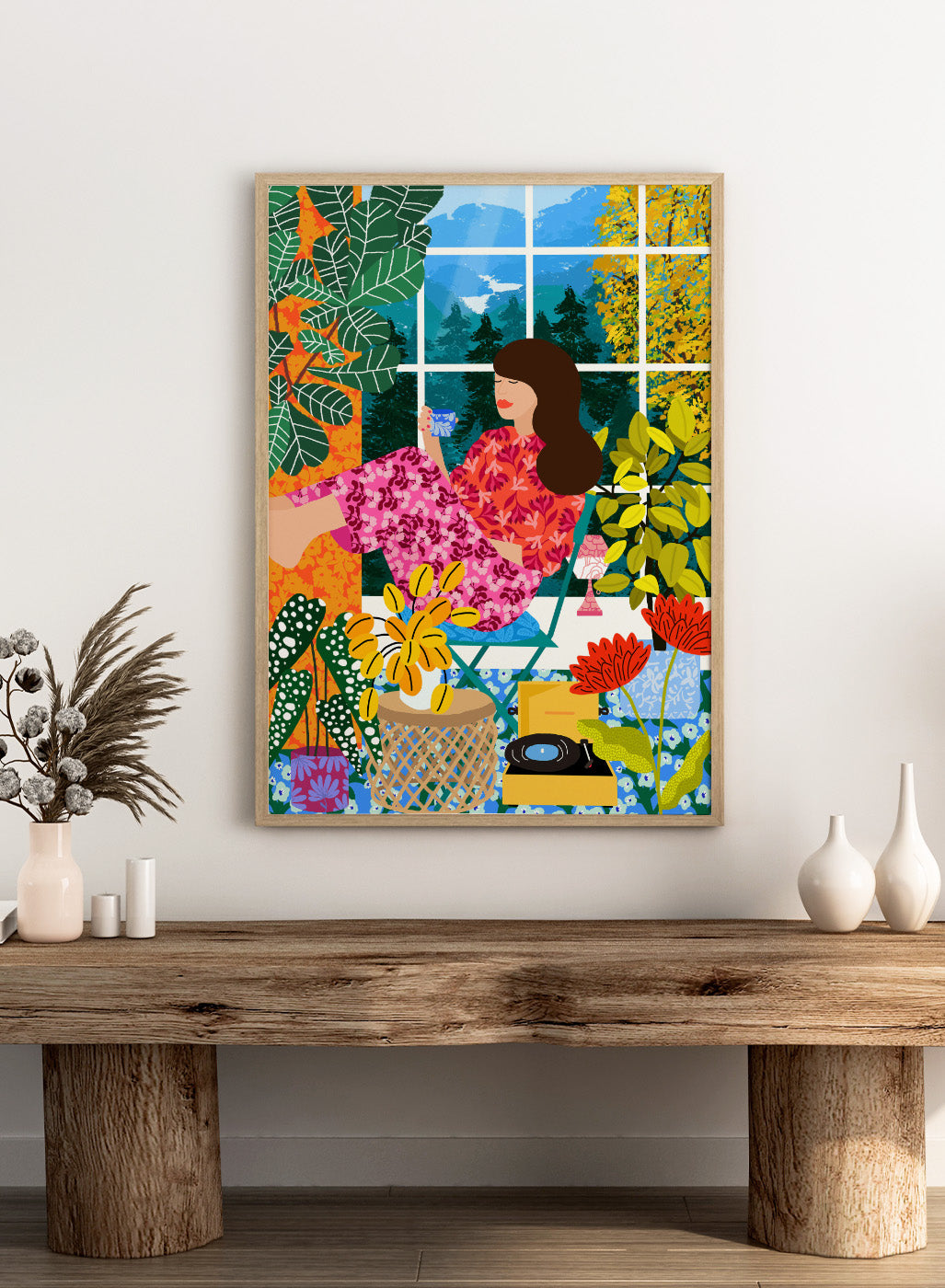 Illustration of a woman sitting by a window with a cup, surrounded by plants and flowers. Listening To the Sound of Nature by Rafaela Mascaro fine art print featuring woman by window, botanical interior, colorful plants, modern contemporary wall art poster.