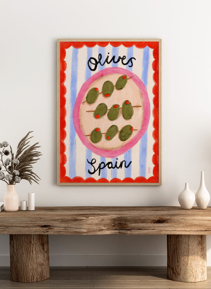 Spanish Olives Plate by Dirkie Nell is a colorful food art print featuring olives, Mediterranean inspired kitchen wall art, striped patterns, and playful modern illustration.