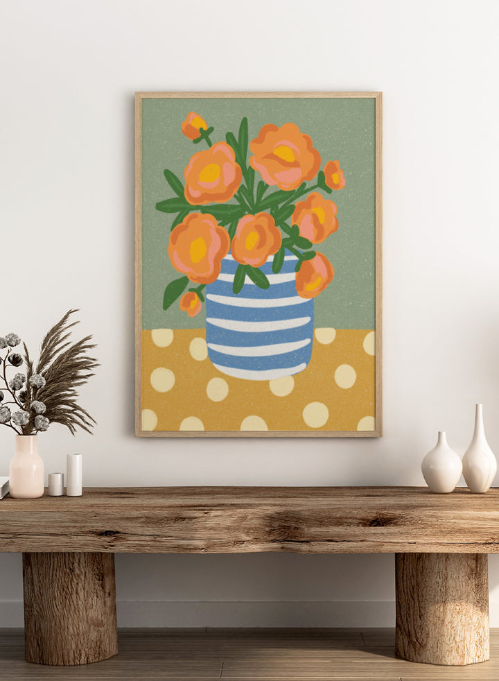 Shop Orange Floral Still Life by Nikita Jariwala, a floral wall art print poster featuring orange flowers in a blue striped vase with playful botanical details.