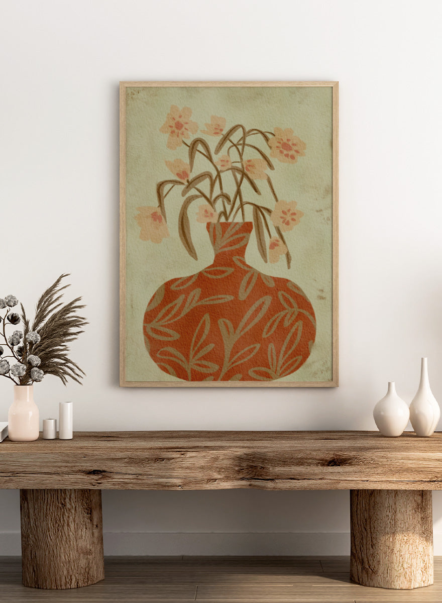 Shop Terracotta Vase Blossoms by Nikita Jariwala, a botanical wall art print featuring a terracotta vase, soft florals, and warm earthy rust and sage tones.
