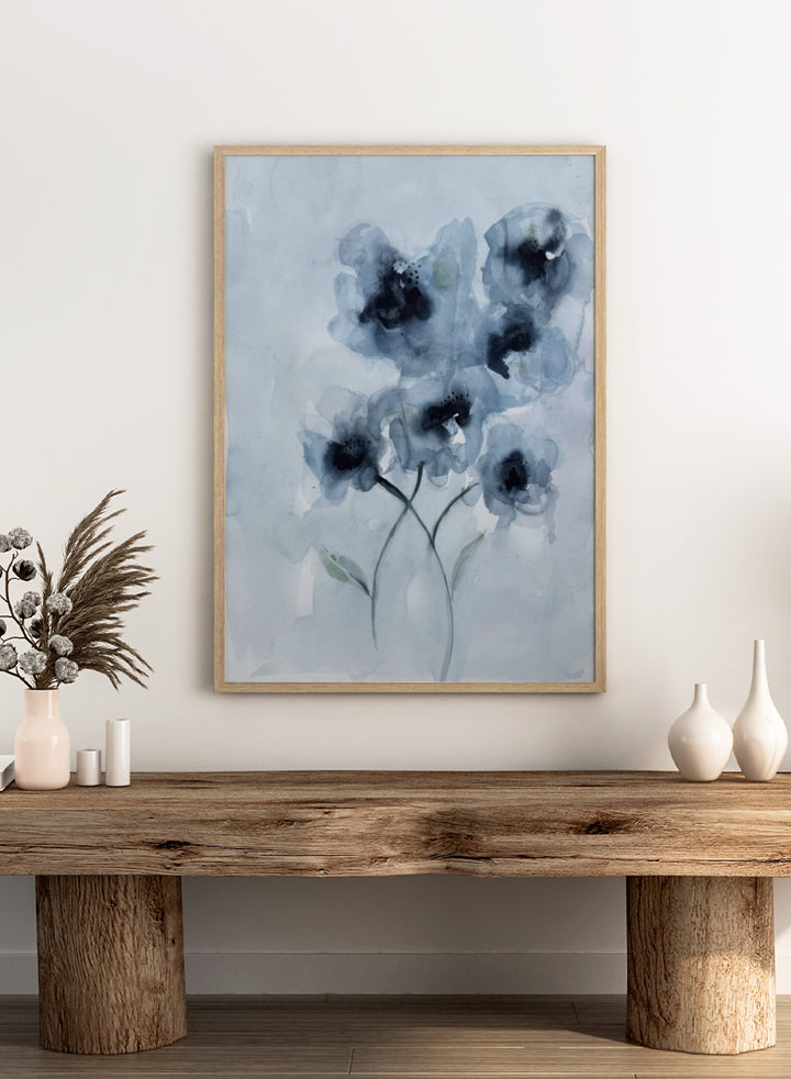 Shop Soft Blue Blooms by Helena Ryhle, a botanical watercolor wall art print poster featuring expressive blue flowers and soft contemporary floral detail.