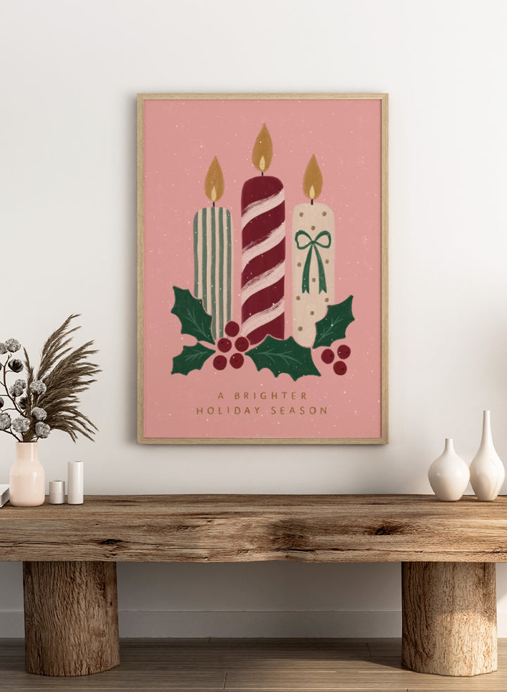 Shop Festive Holiday Candles by Katarzyna Gąsiorowska, a Christmas wall art print poster with candles, holly, berries, and festive holiday charm.