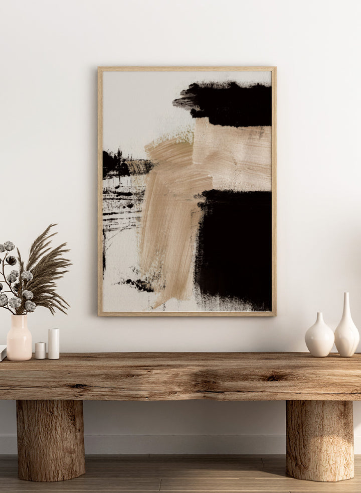 Shop Path by Dan Hobday, a contemporary abstract art print featuring bold black forms, warm beige brushwork, layered texture, and expressive neutral tones.