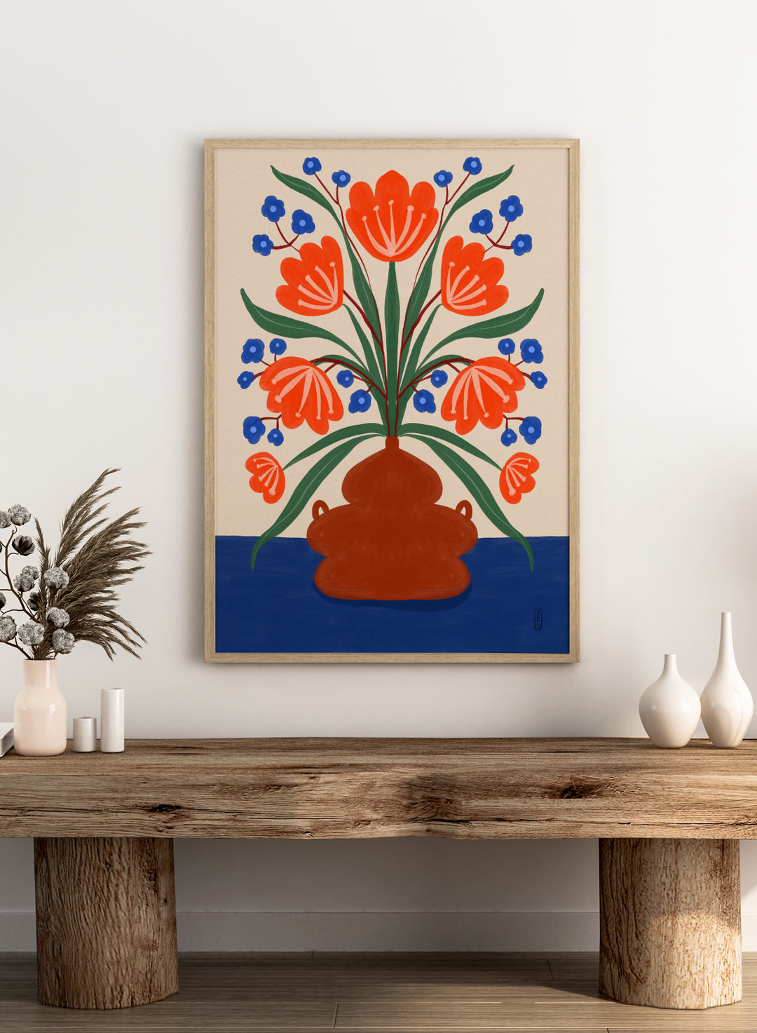 Vibrant Floral Terracotta Vase by Dirkie Nell is a colorful floral art print featuring bold orange flowers, folk inspired illustration, Mediterranean decor, and modern botanical wall art.