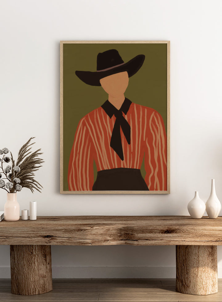 A stylized Western portrait painting of a person wearing a black cowboy hat, a red-orange and cream vertically striped shirt, and a black necktie against an olive green background. Modern Western Portrait by The Art Concept art print featuring a cowboy hat, striped rust shirt, neck scarf, and warm olive tones.