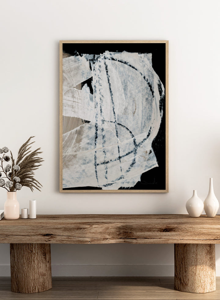 Shop Mind No.02 by Dan Hobday, an abstract wall art print poster featuring sweeping white brushwork, black contrast, and soft blue-beige texture.