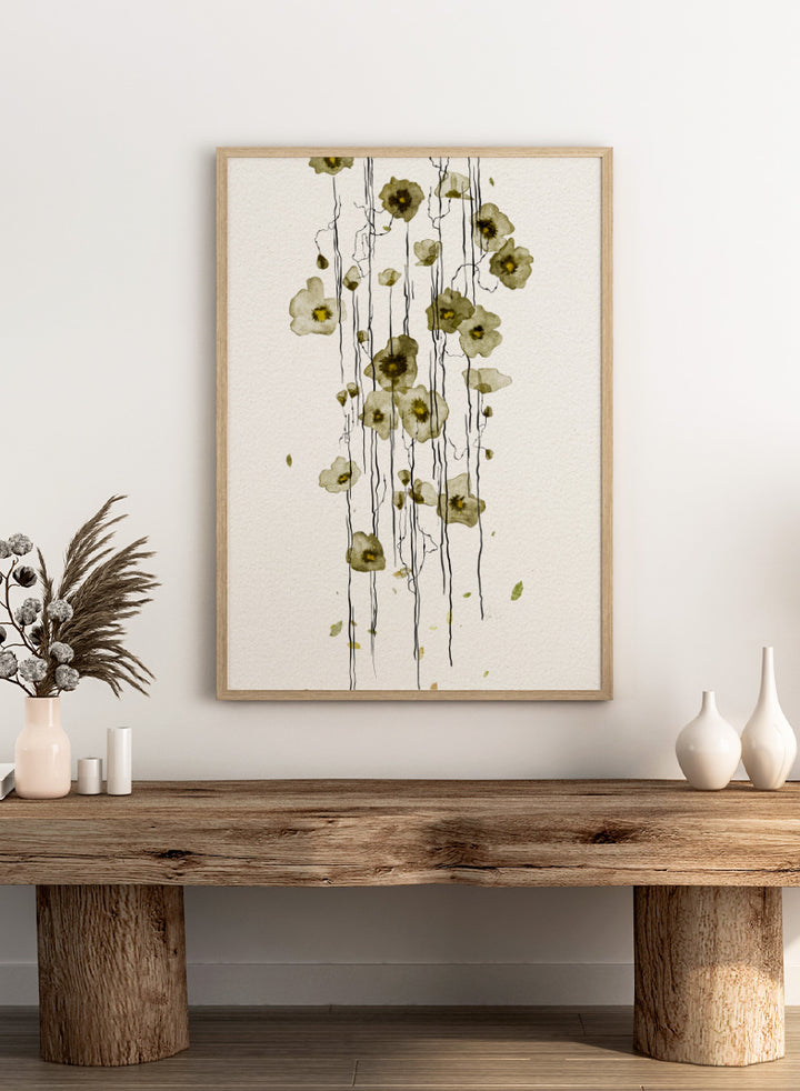 Shop Flowing Green Flowers by Ankie Kooi, a modern floral wall art print poster with abstract botanical line art, watercolor flowers, green tones, and cream.