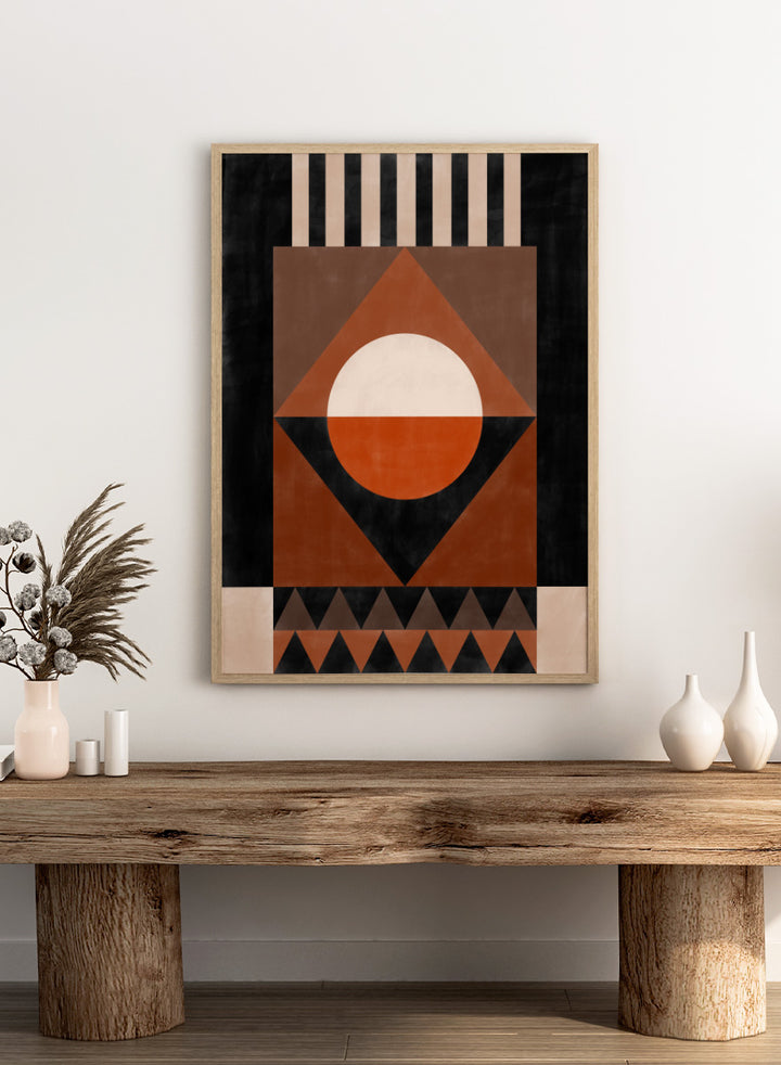 Shop Geometric Earth Tones by Elena Ristova, a modern abstract wall art print poster with bold geometric shapes in orange, cream, brown, and black.
