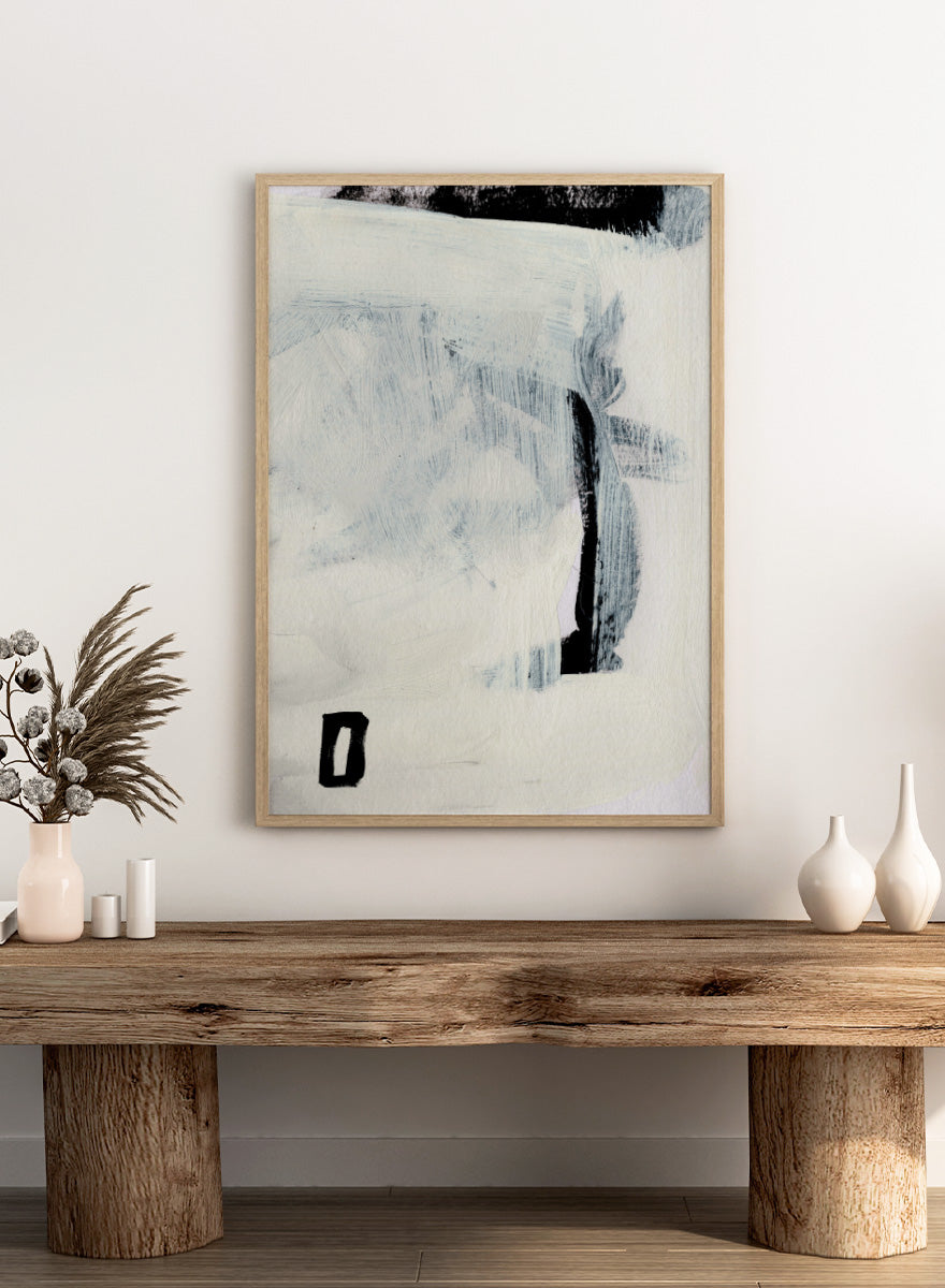 Shop Beyond by Dan Hobday, an abstract wall art print poster featuring layered blue-gray brushwork, black accents, and a minimalist modern composition.