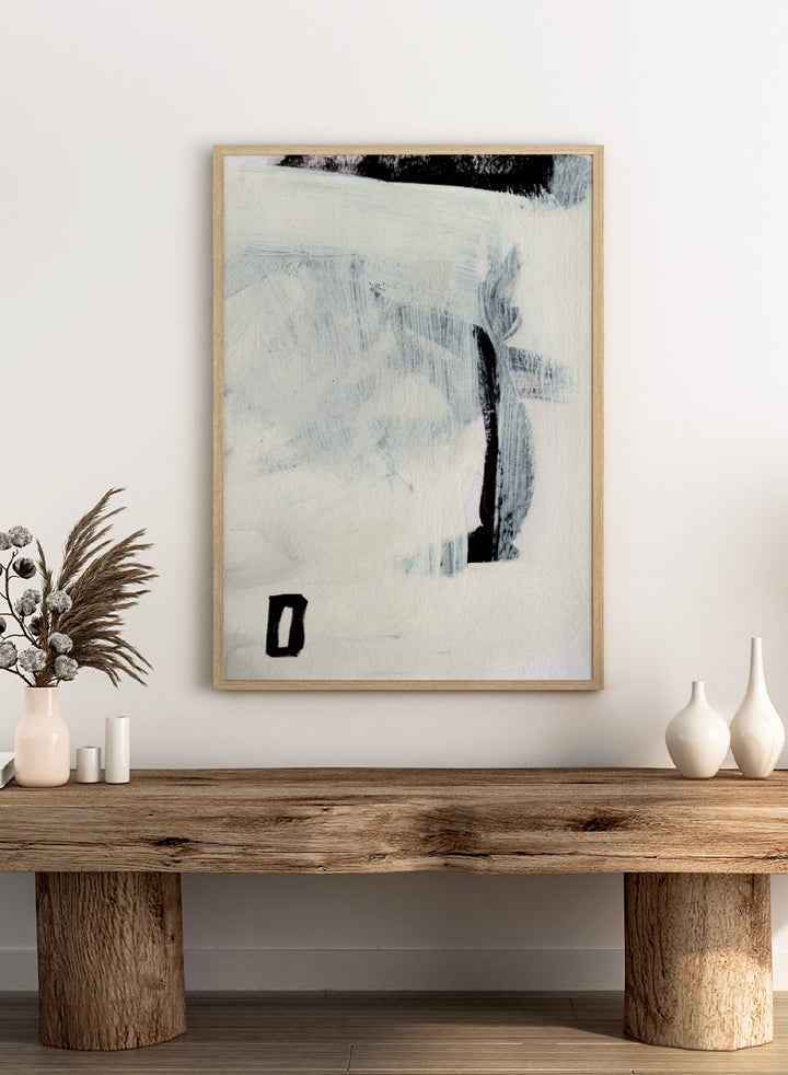 Shop Beyond by Dan Hobday, an abstract wall art print poster featuring layered blue-gray brushwork, black accents, and a minimalist modern composition.