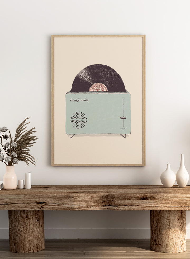 Vintage-style record player with vinyl record on a beige background. Retro Record Toaster by Florent Bodart is a playful vintage-inspired art print featuring a record player toaster, a modern retro wall poster with music theme.