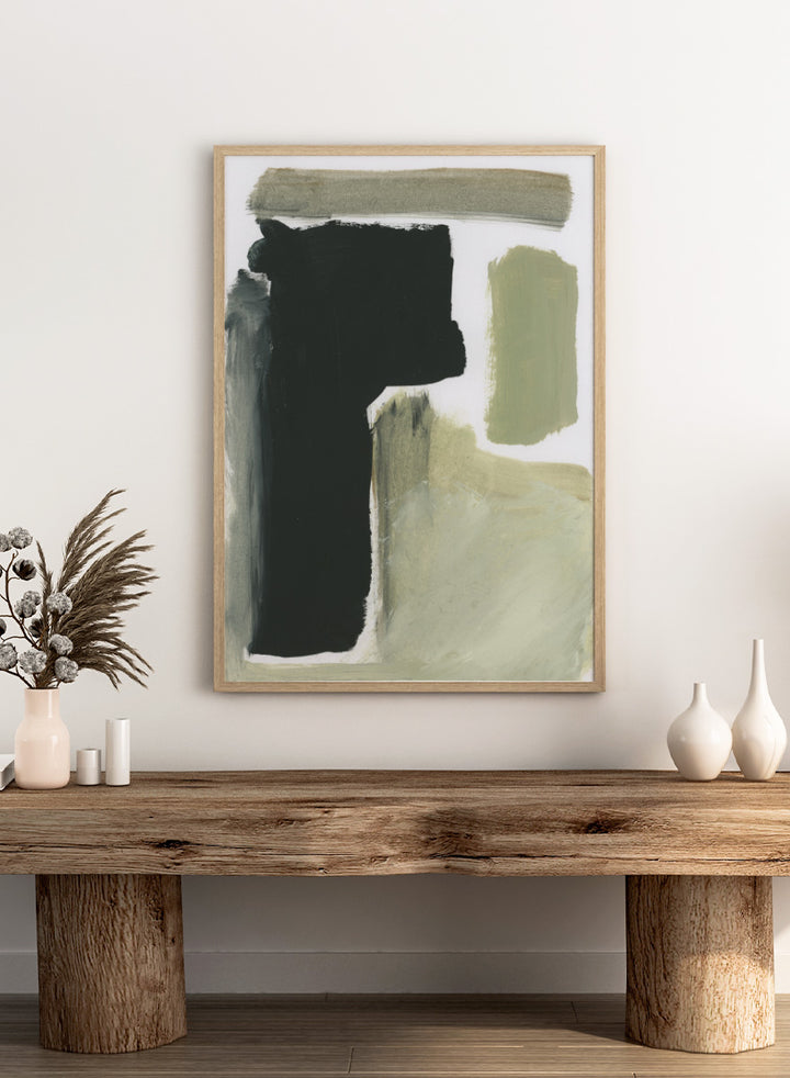 Shop Total by Dan Hobday, a contemporary abstract art print featuring charcoal black, olive green, sage, and beige with bold textured forms.