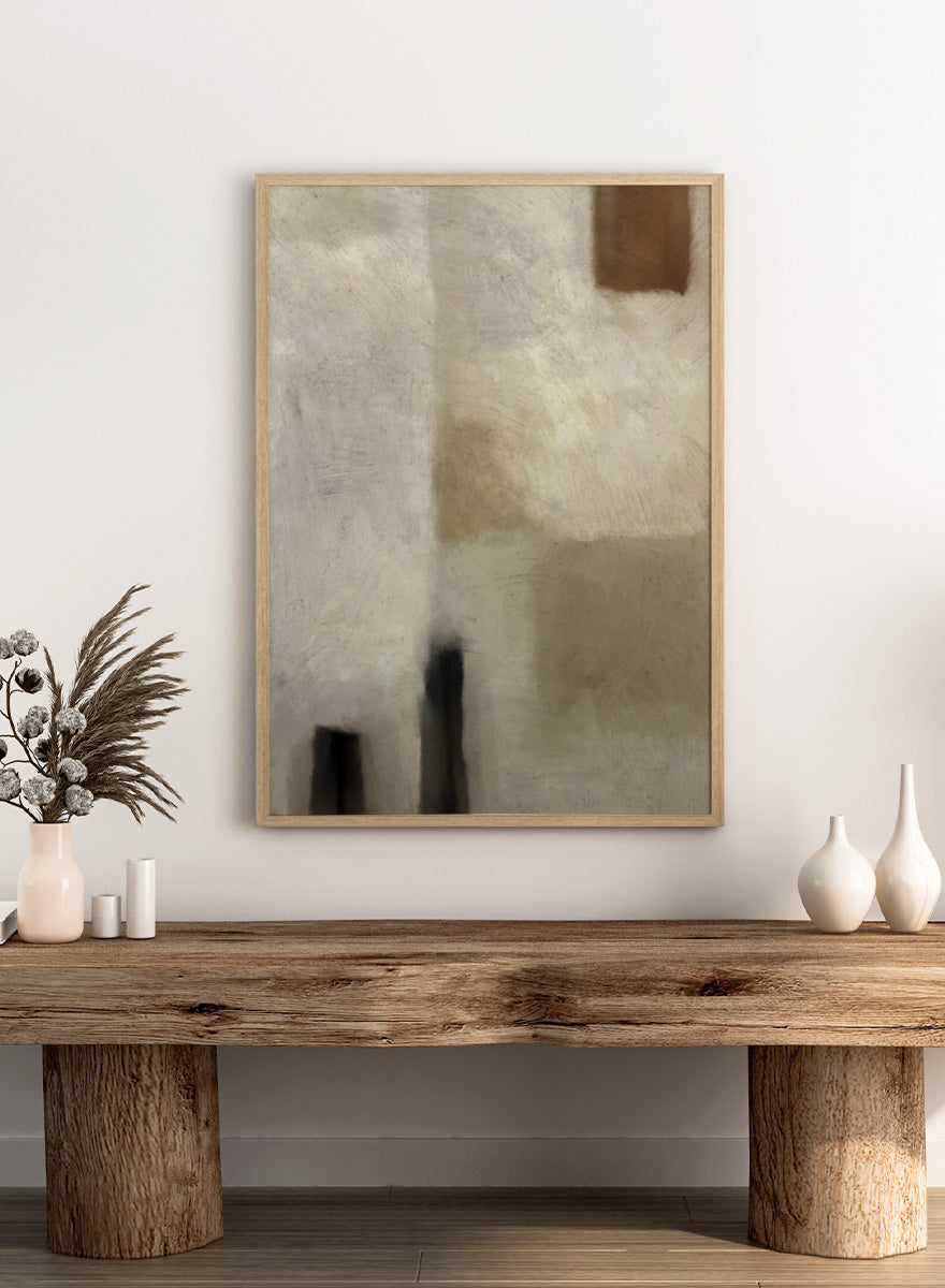 An abstract painting featuring textured blocks of warm beige, cream, and brown, with dark charcoal-like vertical shapes near the bottom and a small brown block in the upper right corner. Shop Brumea by Dan Hobday, a neutral abstract art print featuring soft layered forms, brushed texture, muted earthy tones, and a modern minimalist feel.