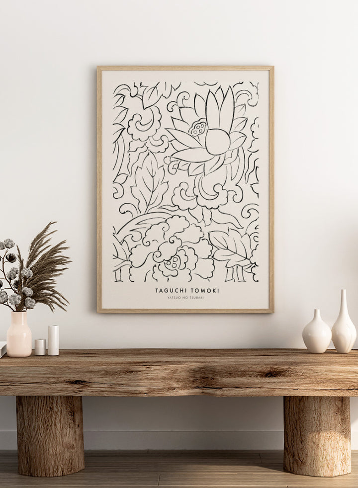 Floral Yatsuo no Tsubaki by Taguchi Tomoki is a vintage Japanese woodblock art print featuring stylized flowers, curling leaves, and elegant black linework.