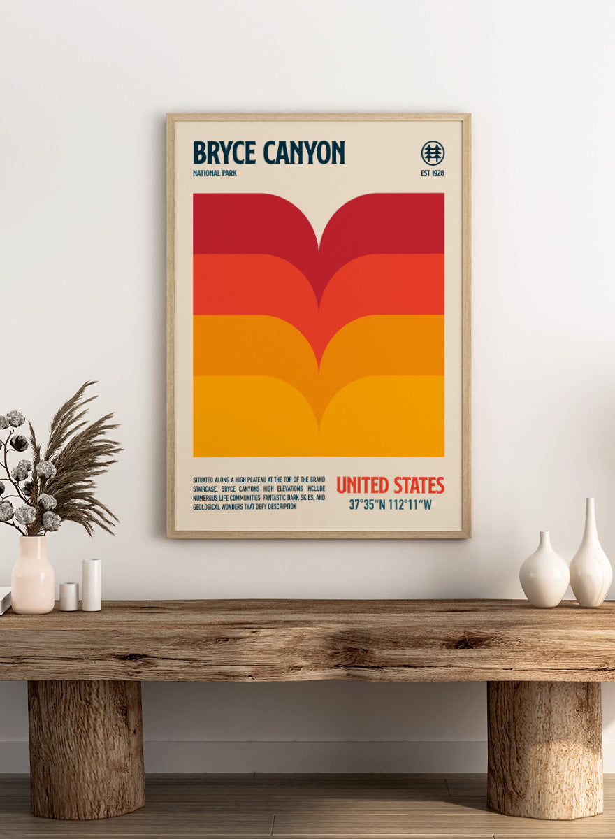A retro-style poster for Bryce Canyon National Park with a cream background, a large abstract canyon landscape graphic in red, orange, and yellow, and text reading &