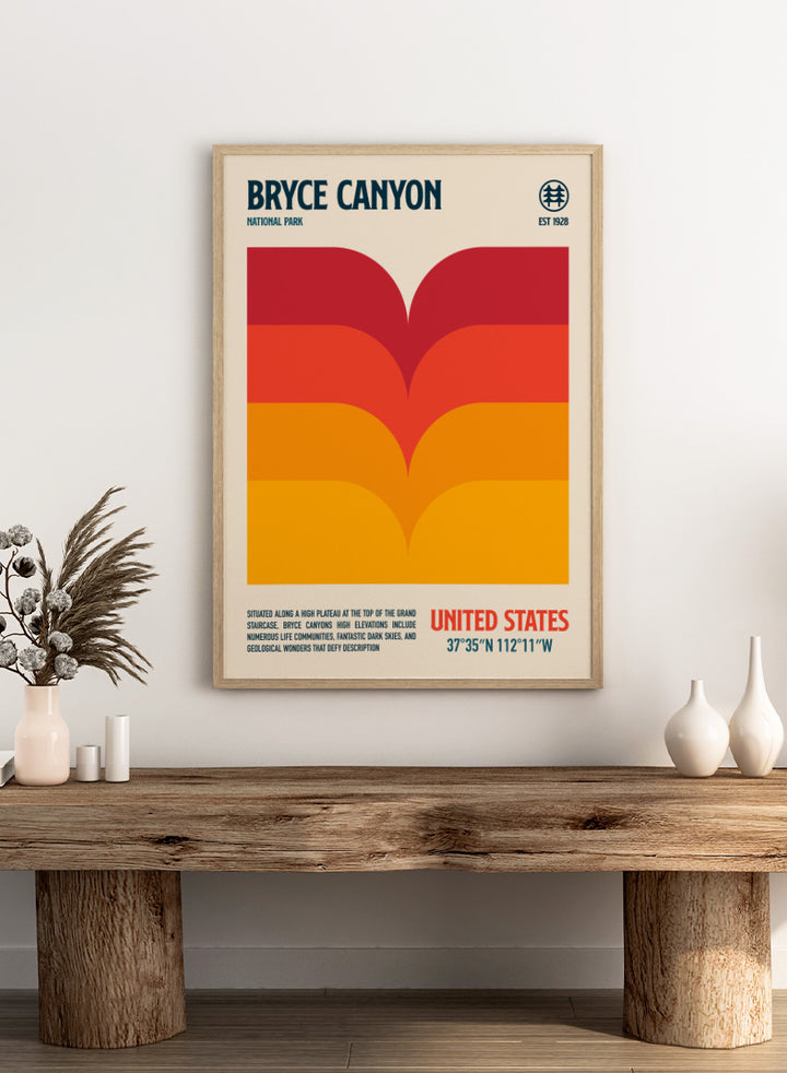 A retro-style poster for Bryce Canyon National Park with a cream background, a large abstract canyon landscape graphic in red, orange, and yellow, and text reading &