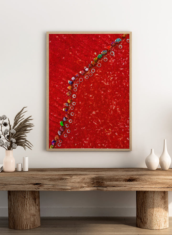 Picking Red Chilies by Azim Khan Ronnie aerial photography print showing workers harvesting red chilli fields Bangladesh, cultural documentary wall art poster