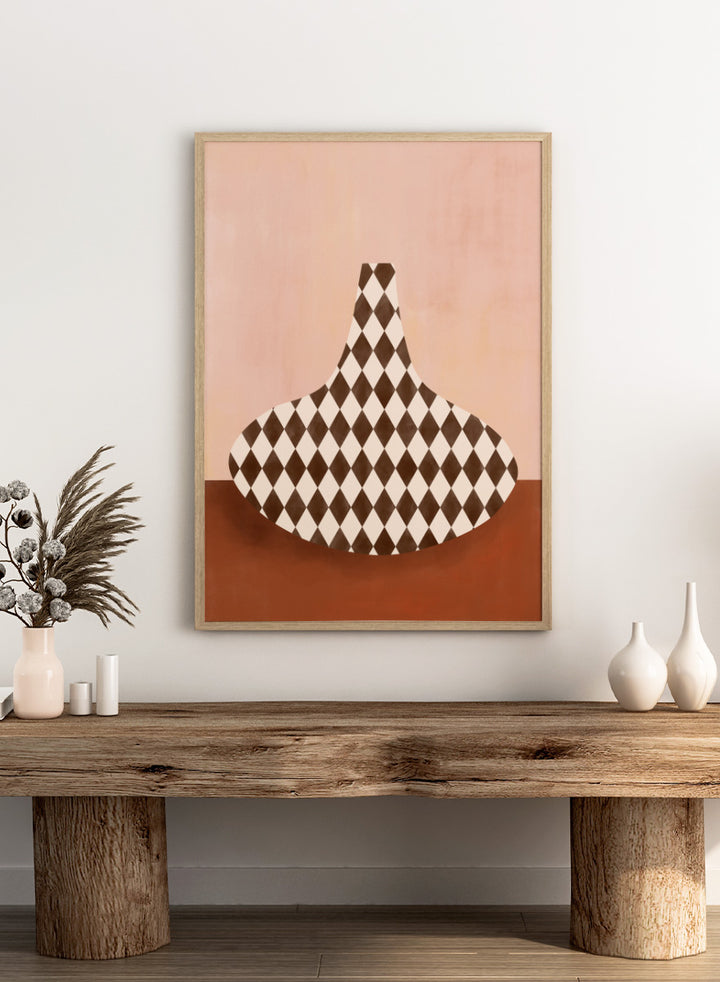 Shop Abstract Harlequin Vase by Elena Ristova, a modern wall art print poster featuring a brown-and-cream diamond vase against a soft pink background.