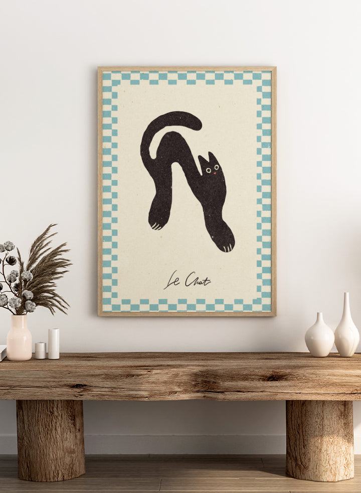 Shop Le Chat No.02 by NKTN, a playful black cat wall art print poster featuring a stretched cat, checkerboard border, and quirky vintage-inspired style.