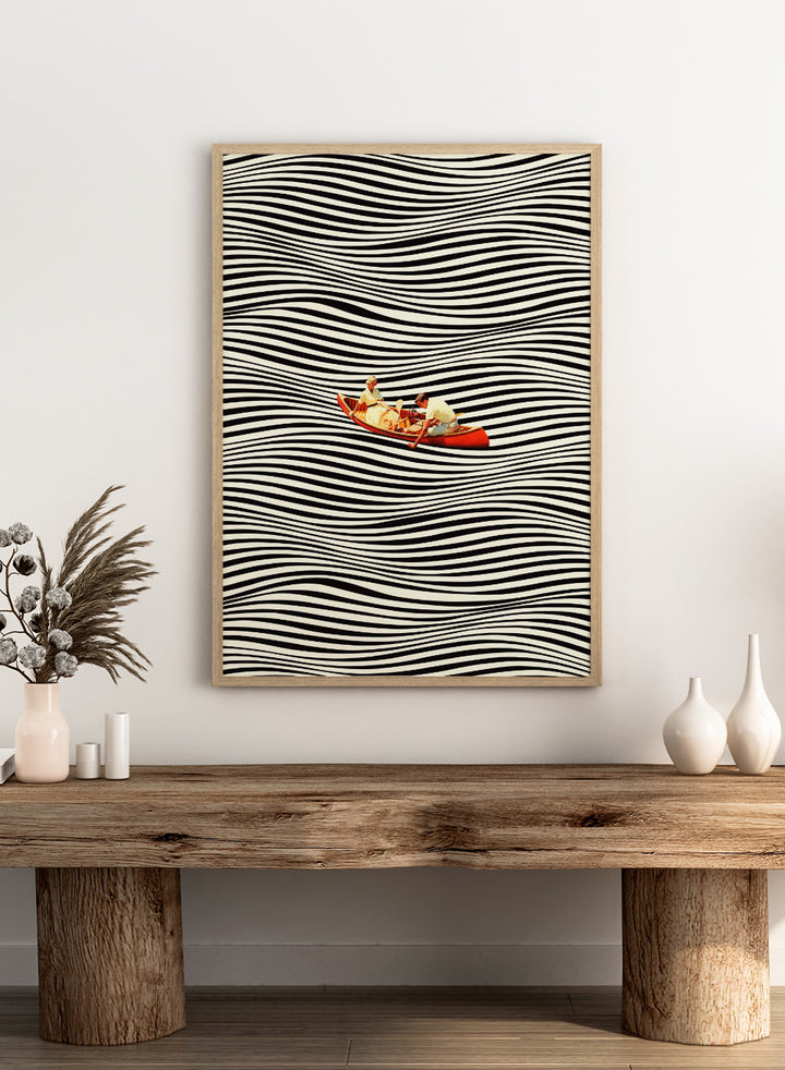 Two people in a red boat on a background of black and white wavy lines. The Real Boat Trip by Taudalpoi features a surreal boat illustration floating on black and white wavy lines. Retro collage art print with optical illusion design and optional framing.