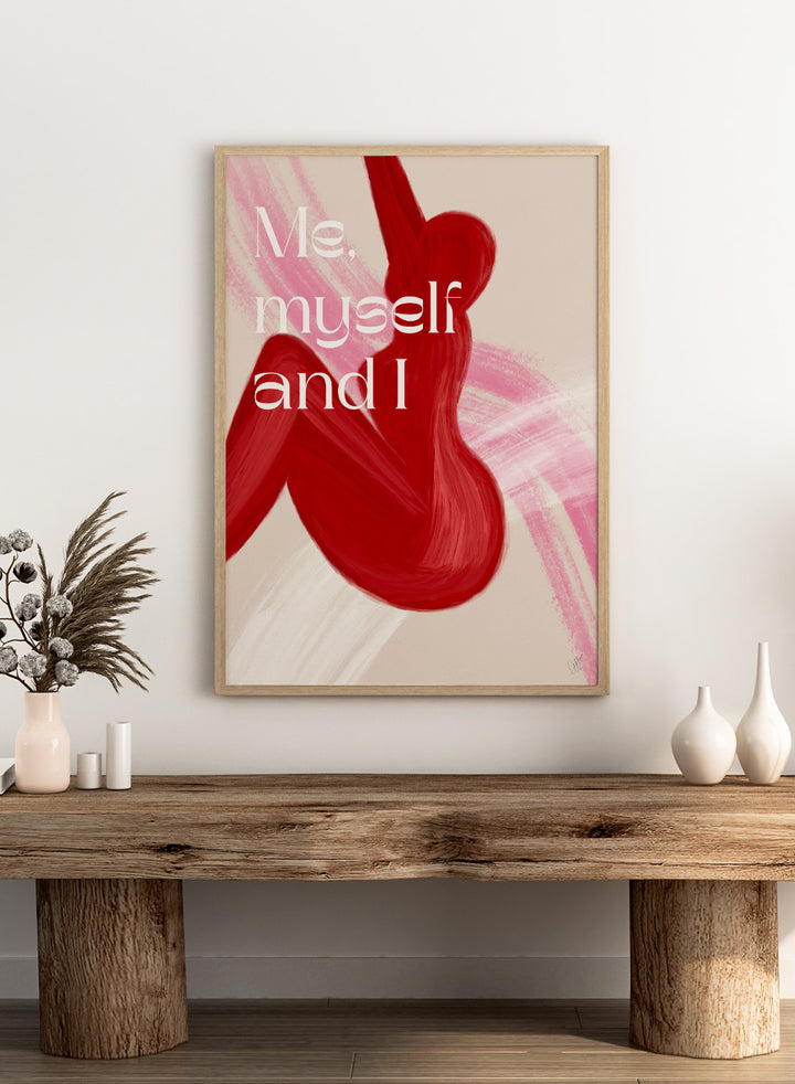 Abstract art with red shapes and 'Me, myself and I' text on a beige background. Red Woman by Anne-Marie Volfova is a modern figurative art print featuring bold red brushstrokes and empowering typography. Contemporary wall poster.
