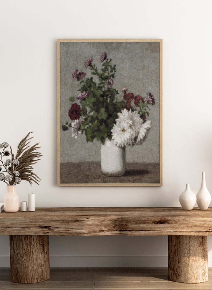 Shop Autumn Chrysanthemums in a White Vase by Henri Fantin-Latour, a vintage floral wall art print poster featuring chrysanthemums in muted green tones.