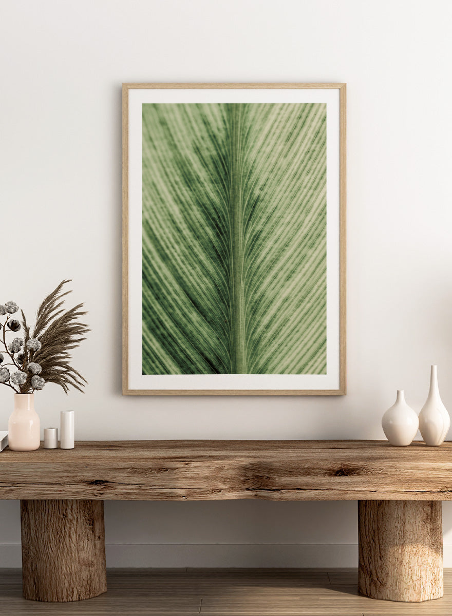 A framed botanical art print featuring a close-up photograph of a green leaf with prominent veins. Verdant Veins by Shot by Clint botanical photography print featuring detailed green leaf veins, natural texture, and layered organic pattern.