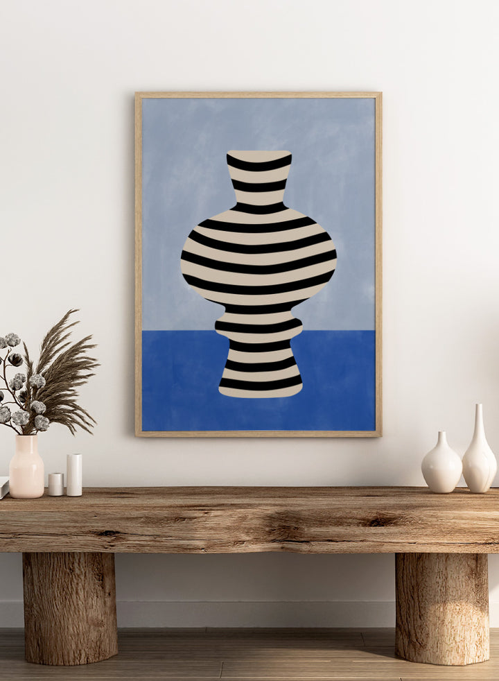 Shop Modern Striped Vase by Elena Ristova, a modern still life wall art print poster featuring a black-and-cream striped vase against soft blue tones.