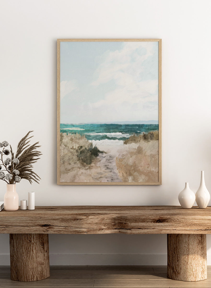 Shop Beach Path by Dan Hobday, a coastal landscape art print featuring turquoise water, sandy dunes, beach grass, soft blue sky, and textured brushwork.
