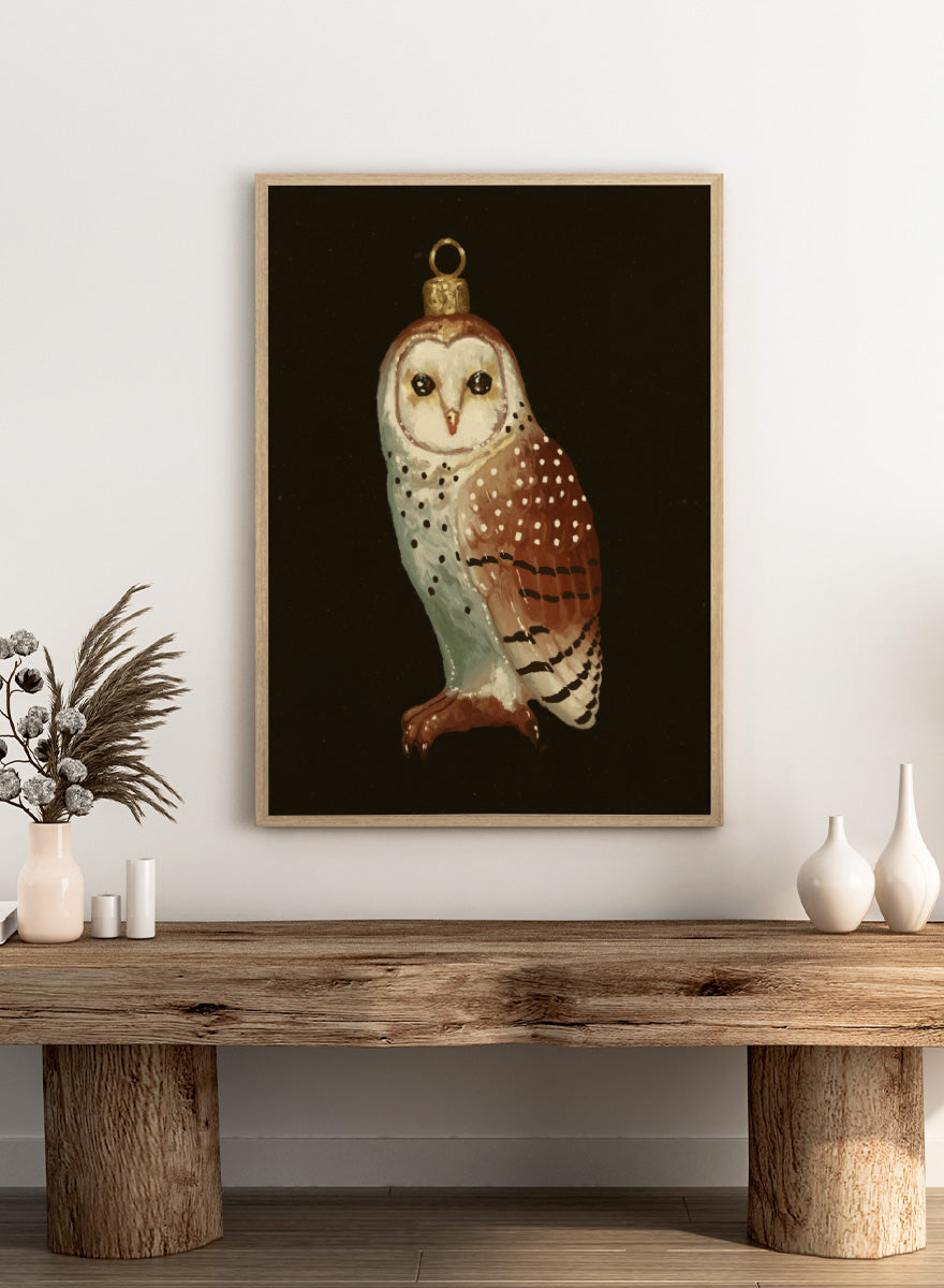 Shop Barn Owl Ornament by NKTN, a Christmas wall art print poster featuring a vintage-style barn owl ornament with woodland holiday charm.