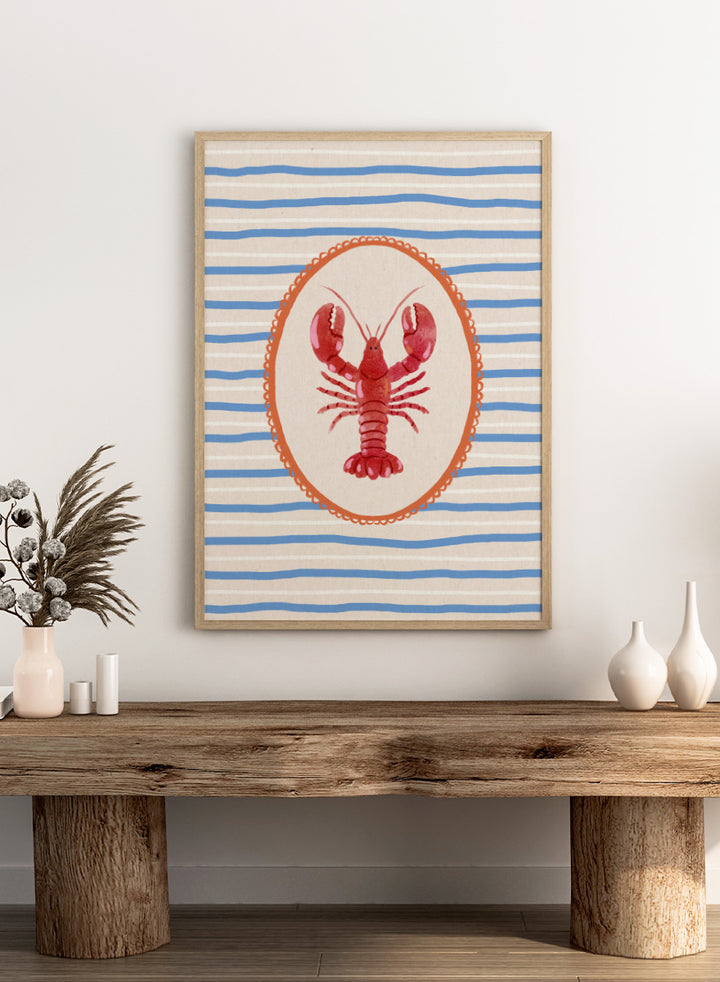 Red Lobster Stripes by Katarzyna Gąsiorowska coastal kitchen art print featuring a red lobster, blue stripes, and vintage Mediterranean-inspired details.