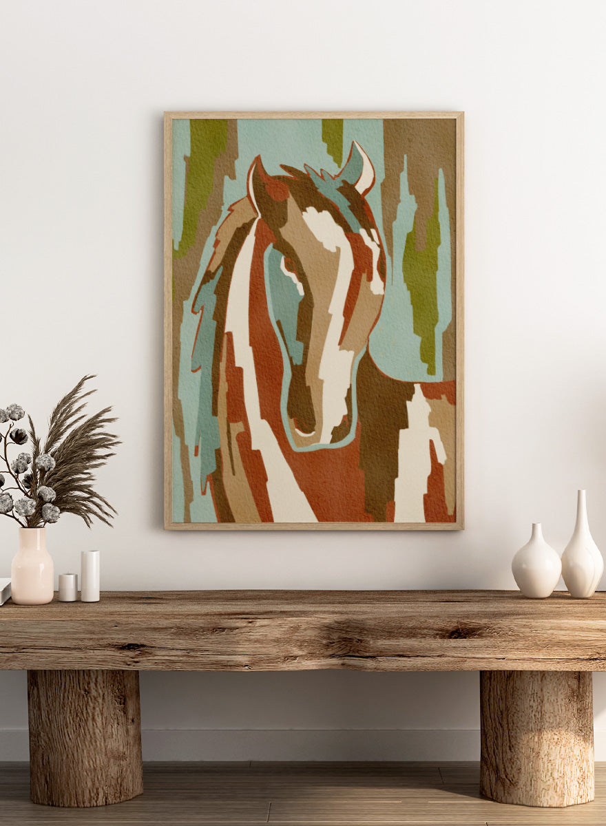 Shop Abstract Horse Portrait by Nikita Jariwala, a modern horse wall art print featuring a stylized equine portrait, bold shapes, and earthy rust, blue, and cream tones.