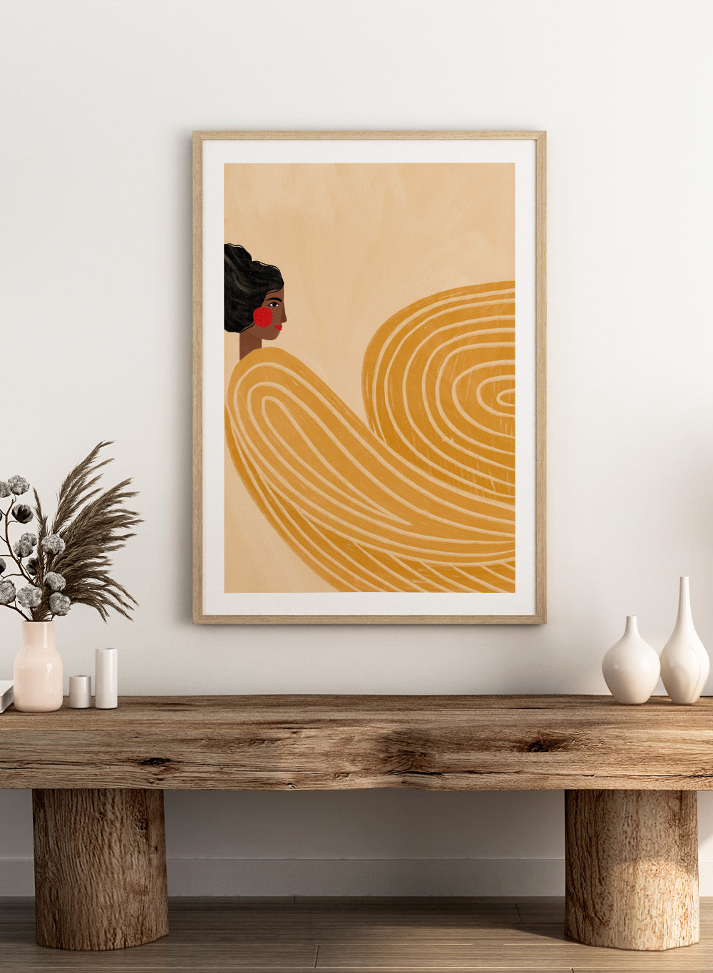 The Woman With the Yellow Stripes by Bea Müller is an officially licensed art print featuring flowing yellow lines and a warm modern portrait. Framed or unframed options available.
