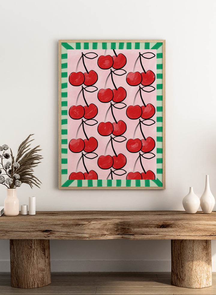 Shop Sweet Cherry Pattern by Elena Ristova, a cherry wall art print poster in red, pink, and green with a playful patterned fruit design.