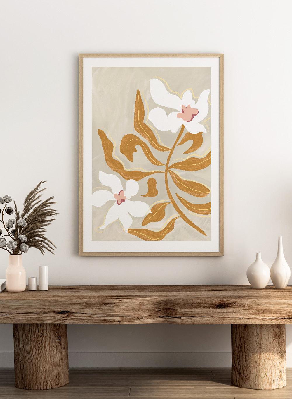 Decorative artwork with stylized flowers on a beige background. Flower Flower Flower by Arty Guava is a modern floral art print with oversized white blossoms and golden leaves. Officially licensed wall poster.