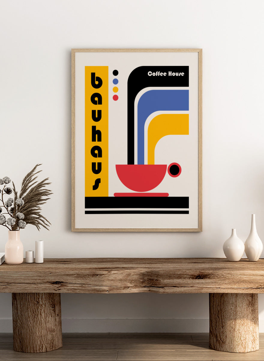 Bauhaus Coffee House by Retrodrome kitchen art print featuring a red coffee cup, bold geometric forms, retro typography, and Bauhaus-inspired color.