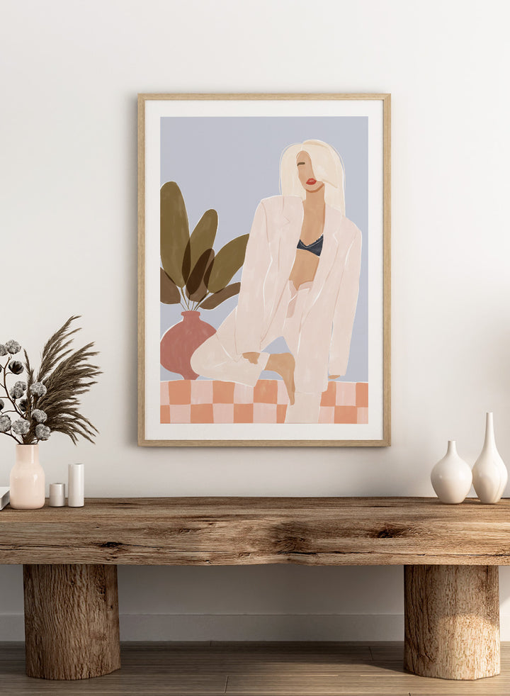 Too Lazy To Yoga by Ivy Green is a contemporary illustration art print featuring a relaxed woman in a minimalist interior. Premium fine art print with real wood framing.